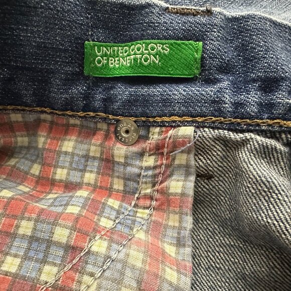 United Colors of Benetton Denim Jean Pant Men Distressed 34x33 Italy Plaid Line - Picture 3 of 14